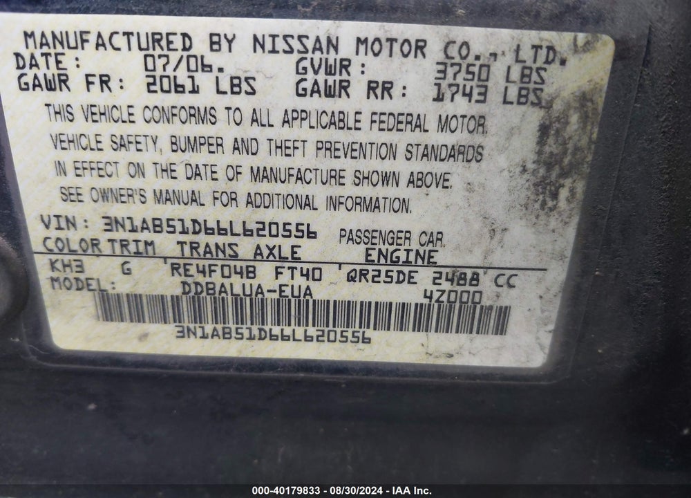 2006 NISSAN SENTRA SE-R VIN: 3N1AB51D66L620556