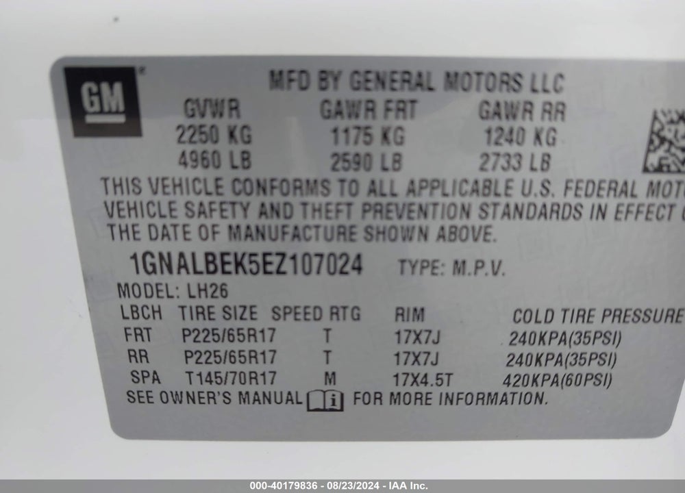 2014 CHEVROLET EQUINOX 1LT VIN: 1GNALBEK5EZ107024