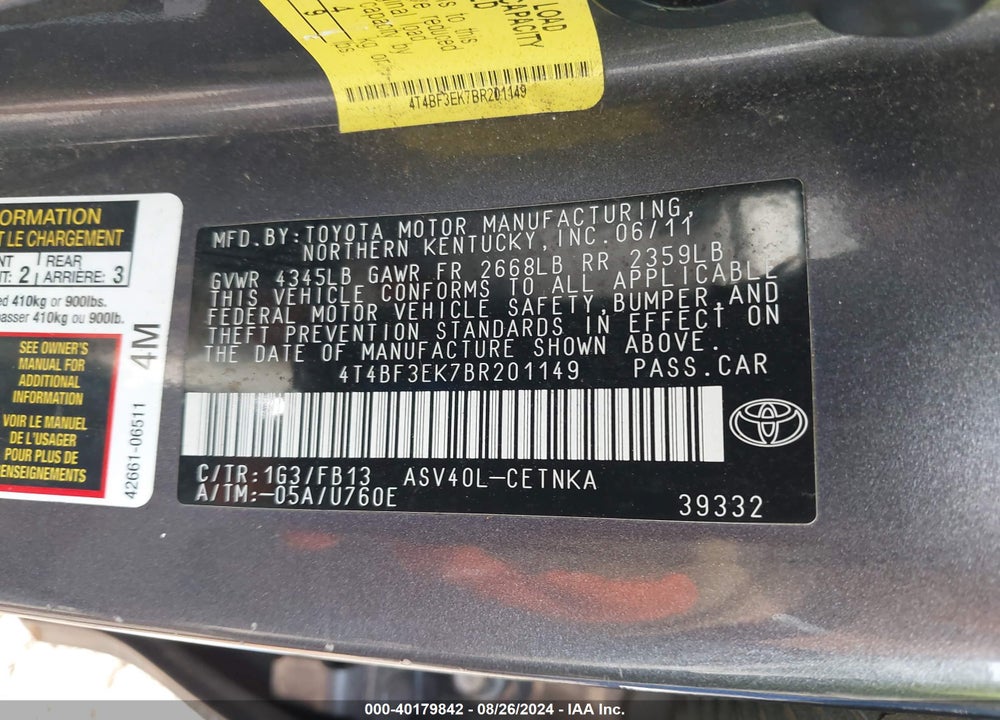2011 TOYOTA CAMRY LE VIN: 4T4BF3EK7BR201149