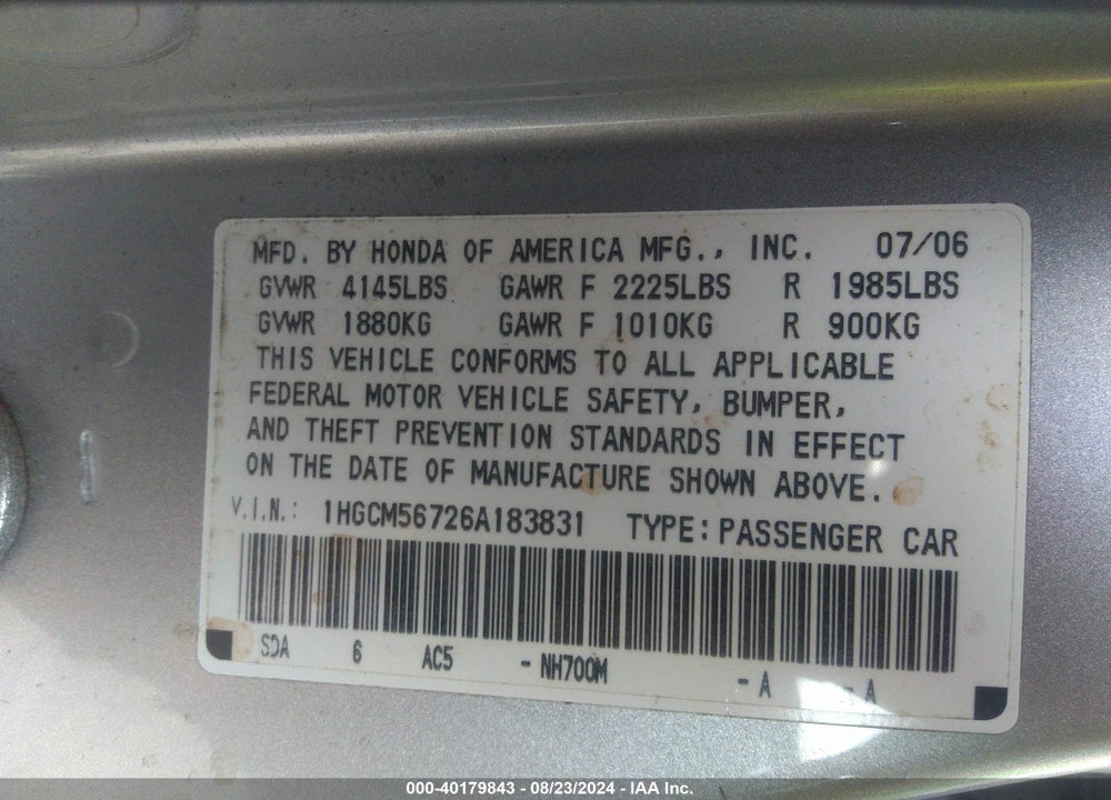 2006 HONDA ACCORD 2.4 EX VIN: 1HGCM56726A183831