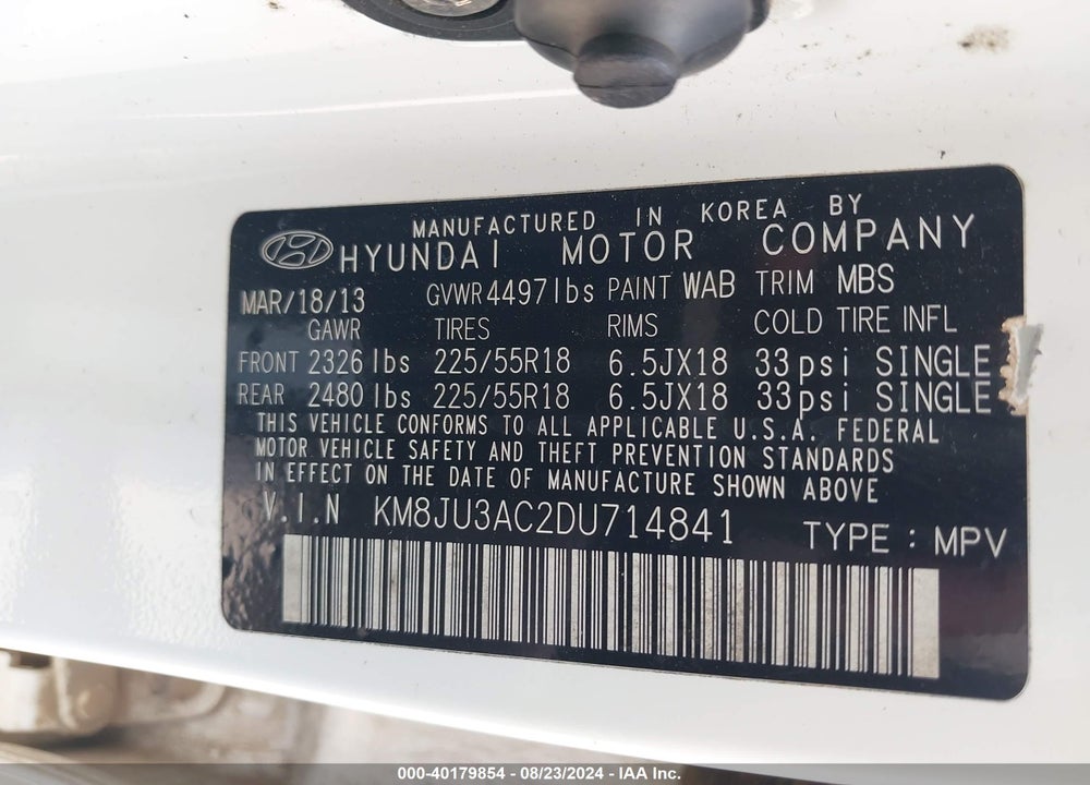 2013 HYUNDAI TUCSON LIMITED VIN: KM8JU3AC2DU714841