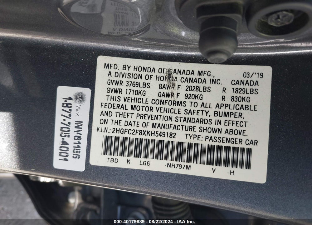 2019 HONDA CIVIC SPORT VIN: 2HGFC2F8XKH549182