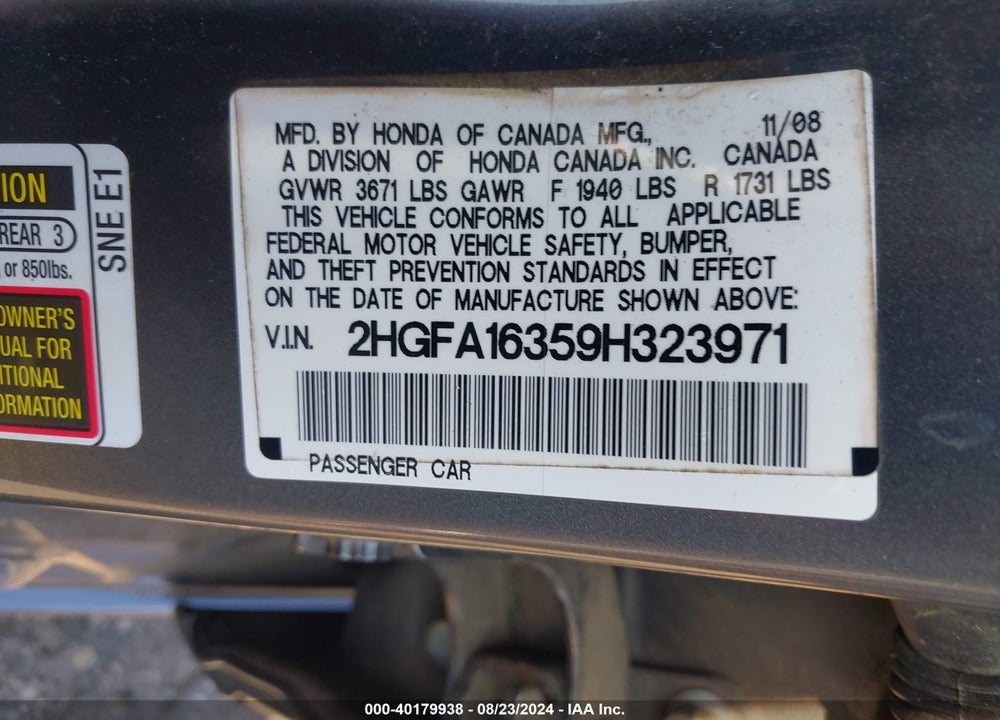 2009 HONDA CIVIC VP VIN: 2HGFA16359H323971