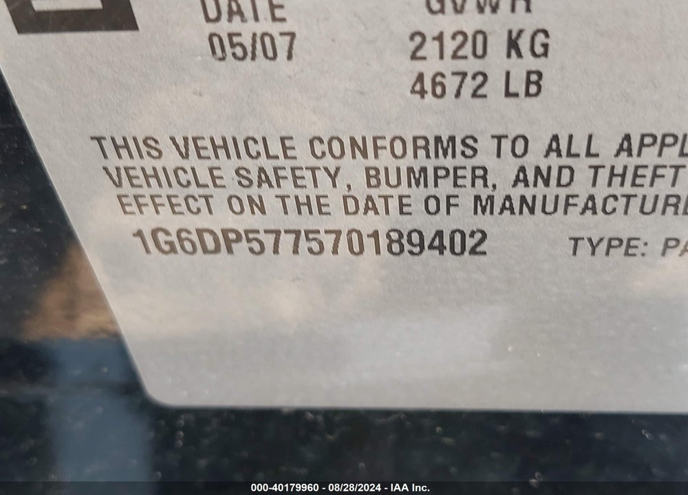 2007 CADILLAC CTS STANDARD VIN: 1G6DP577570189402