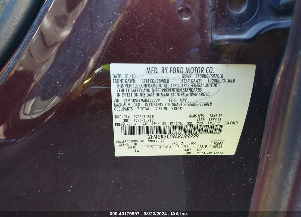 2010 FORD FLEX SEL VIN: 2FMGK5CC9ABA99229