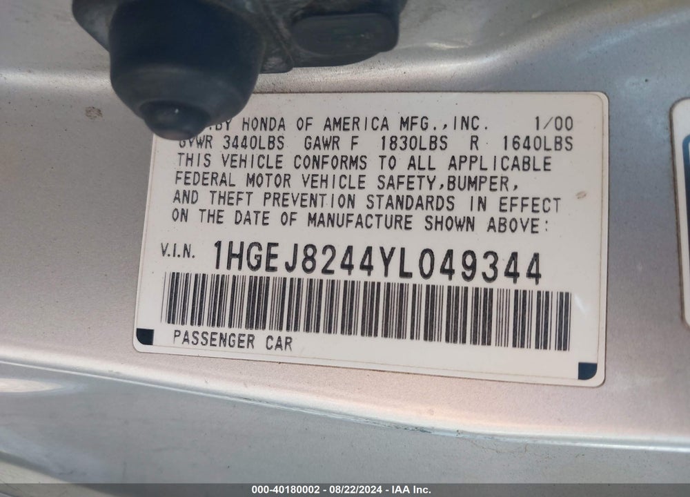 2000 HONDA CIVIC EX VIN: 1HGEJ8244YL049344