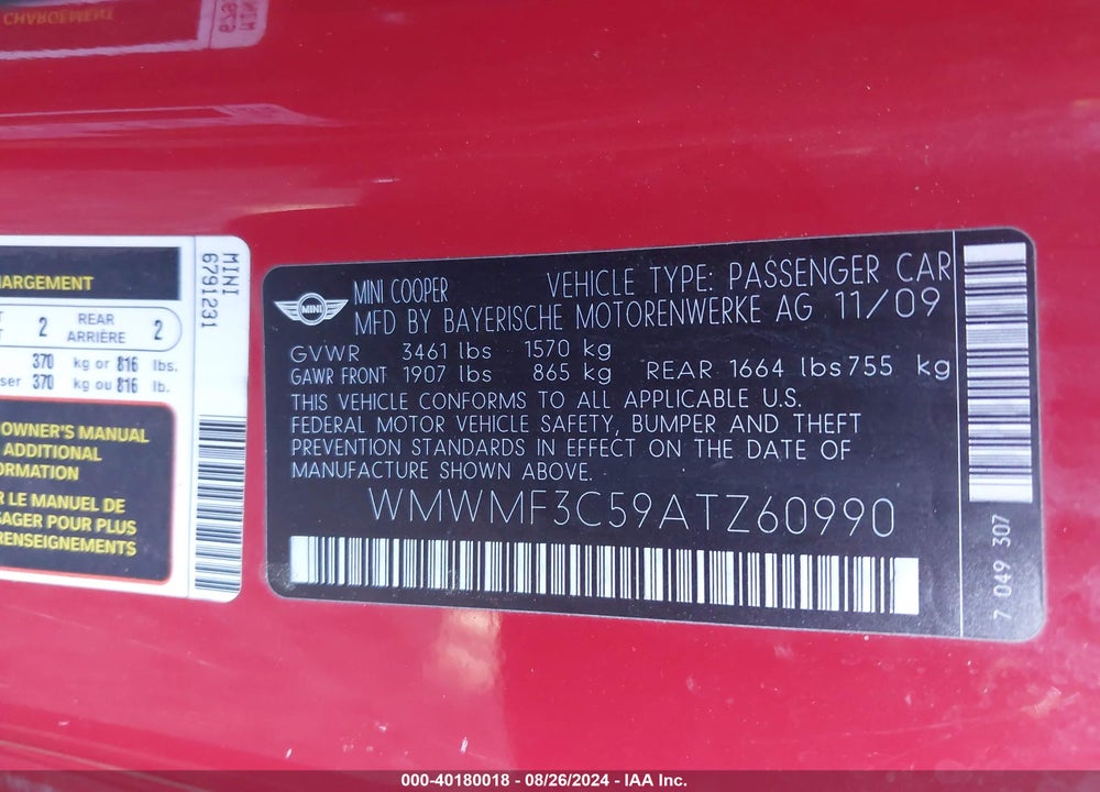 2010 MINI COOPER VIN: WMWMF3C59ATZ60990