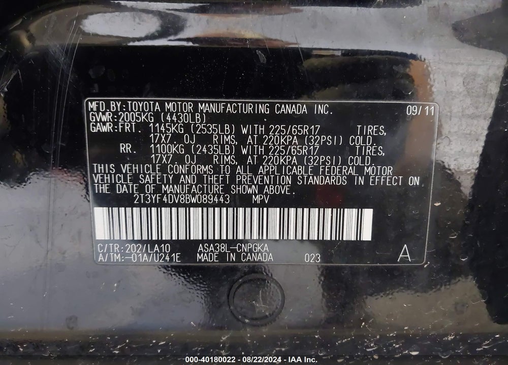 2011 TOYOTA RAV4 LIMITED VIN: 2T3YF4DV8BW089443