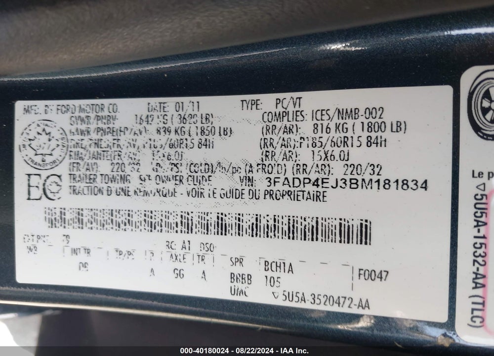 2011 FORD FIESTA VIN: 3FADP4EJ3BM181834