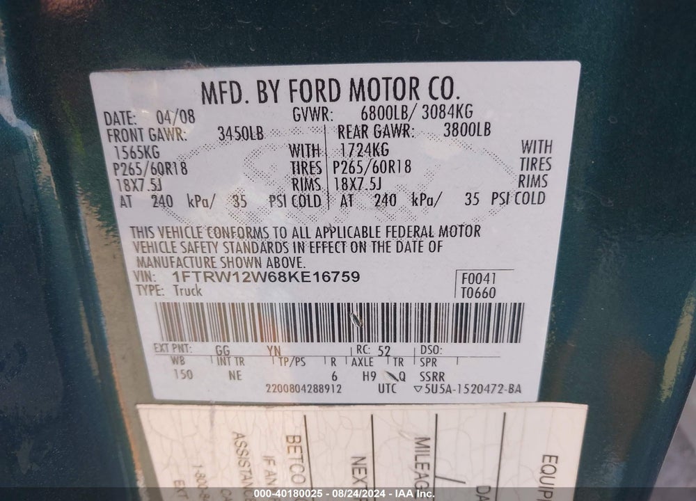 2008 FORD F-150 60TH ANNIVERSARY/FX2/XL/XLT VIN: 1FTRW12W68KE16759