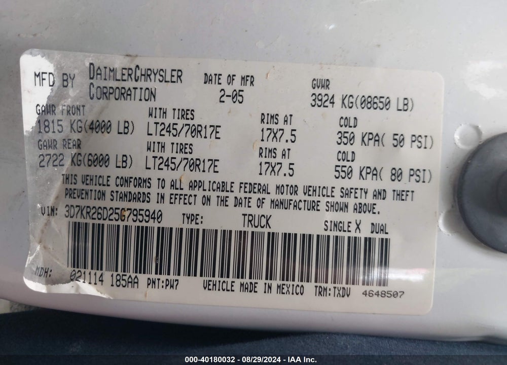 2005 DODGE RAM 2500 VIN: 3D7KR26D25G795940