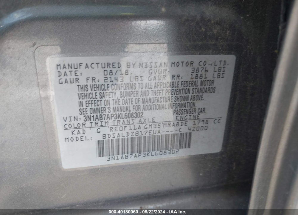 2019 NISSAN SENTRA SV VIN: 3N1AB7AP3KL608302