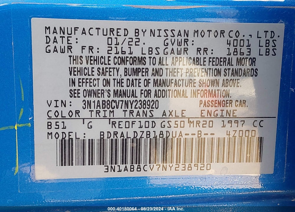 2022 NISSAN SENTRA SV XTRONIC CVT VIN: 3N1AB8CV7NY238920
