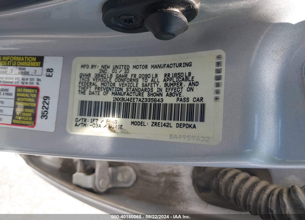 2010 TOYOTA COROLLA LE VIN: 1NXBU4EE7AZ335643