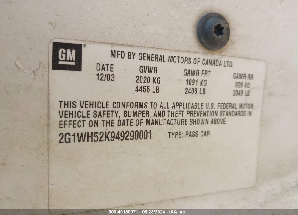 2004 CHEVROLET IMPALA LS VIN: 2G1WH52K949290001
