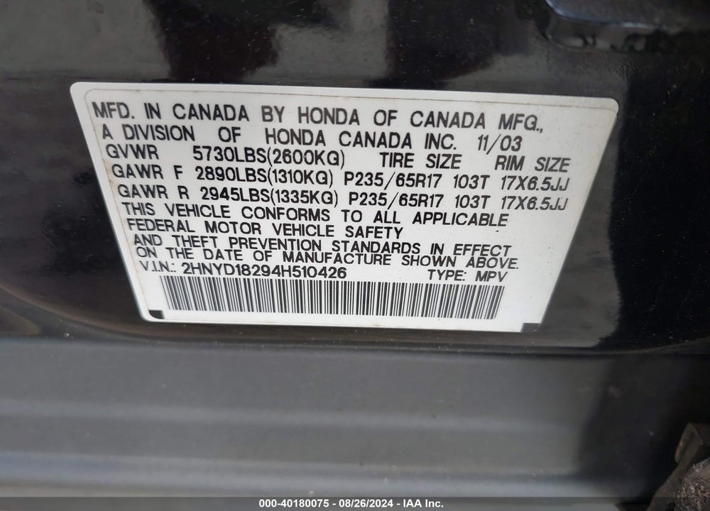 2004 ACURA MDX VIN: 2HNYD18294H510426