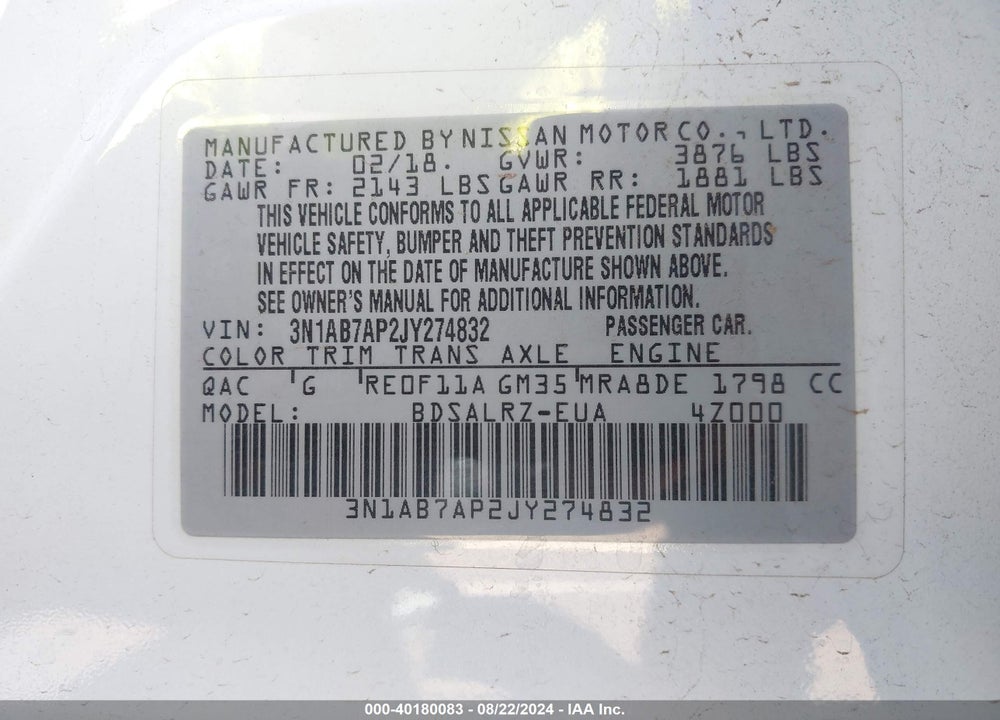 2018 NISSAN SENTRA SR VIN: 3N1AB7AP2JY274832