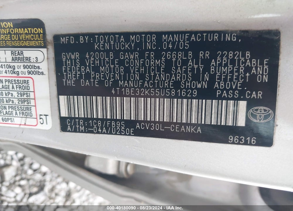 2005 TOYOTA CAMRY STD/ VIN: 4T1BE32K55U581629