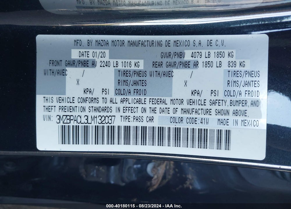 2020 MAZDA 3 SELECT PACKAGE VIN: 3MZBPACL3LM132037