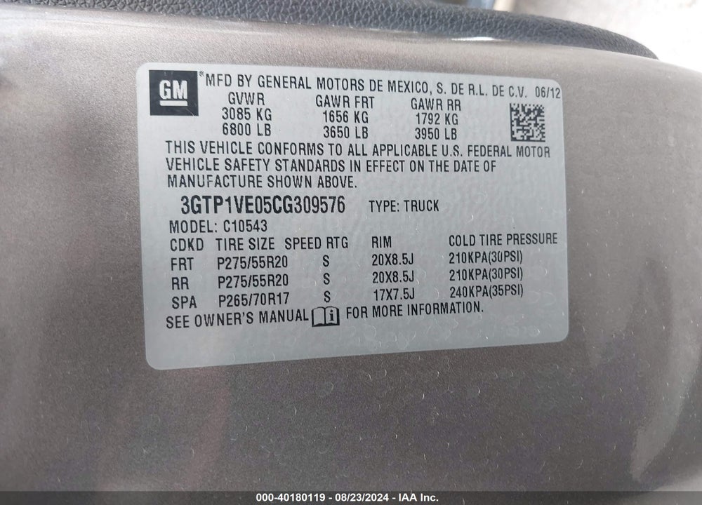 2012 GMC SIERRA 1500 SLE VIN: 3GTP1VE05CG309576