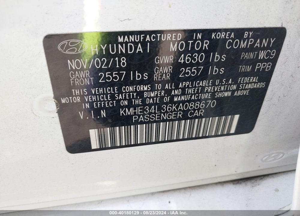 2019 HYUNDAI SONATA HYBRID LIMITED VIN: KMHE34L36KA088670