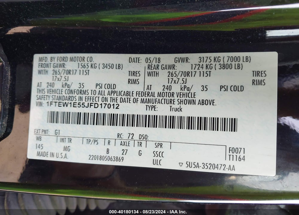 2018 FORD F-150 XLT VIN: 1FTEW1E55JFD17012