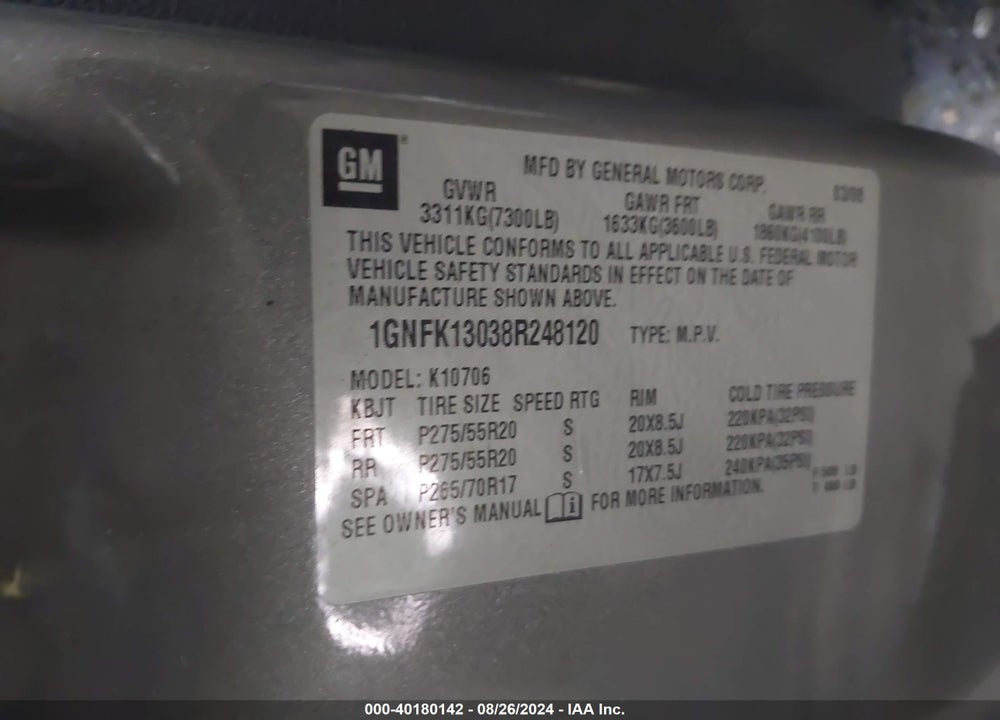 2008 CHEVROLET TAHOE LT VIN: 1GNFK13038R248120