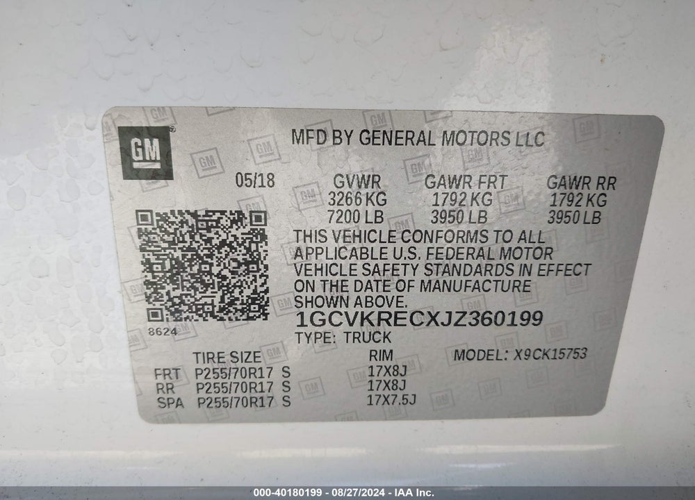 2018 CHEVROLET SILVERADO VIN: 1GCVKRECXJZ360199