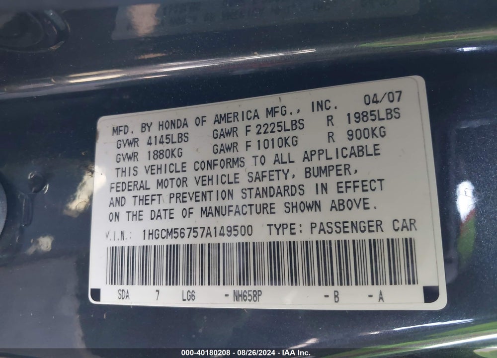 2007 HONDA ACCORD 2.4 EX VIN: 1HGCM56757A149500