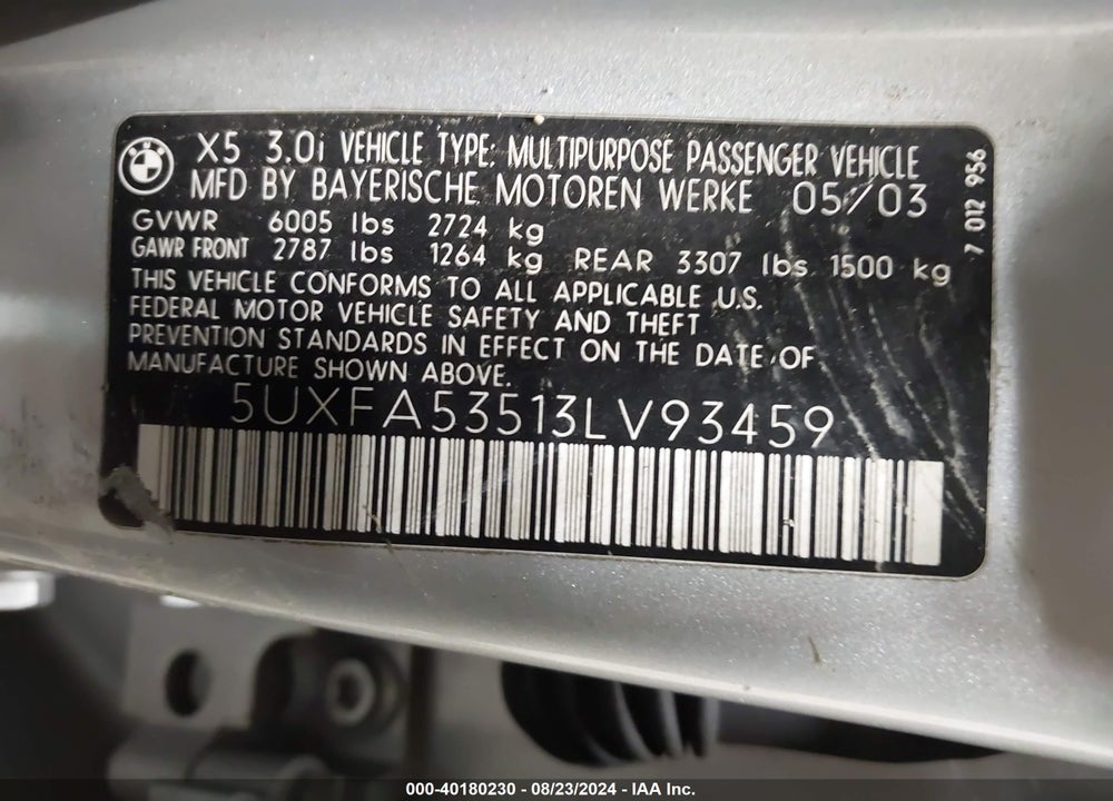 2003 BMW X5 3.0I VIN: 5UXFA53513LV93459