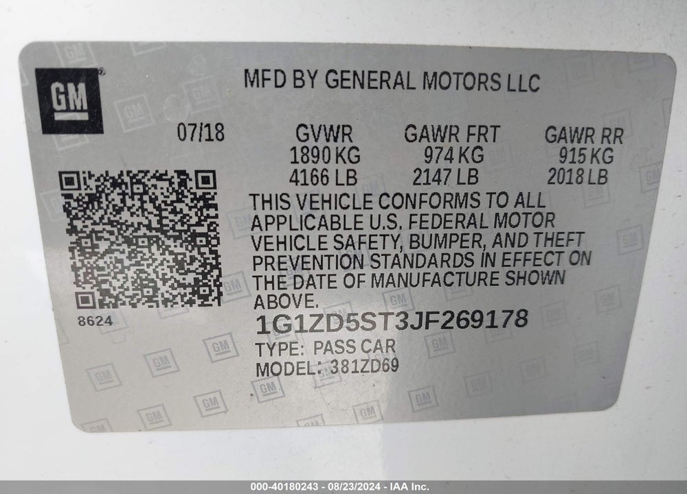 2018 CHEVROLET MALIBU LT VIN: 1G1ZD5ST3JF269178