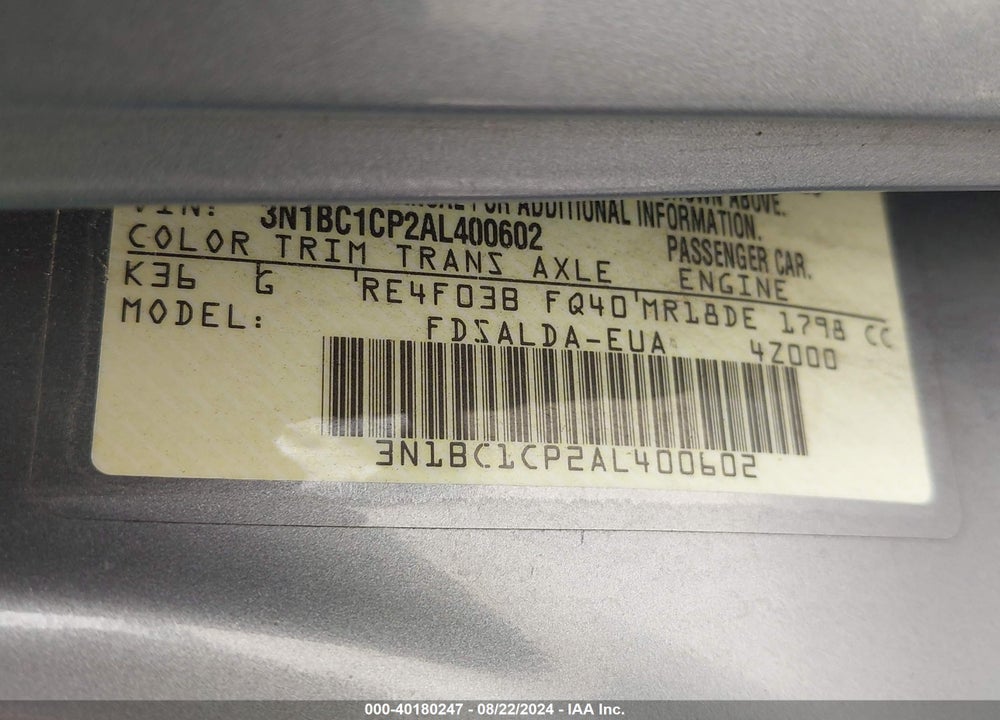 2010 NISSAN VERSA 1.8S VIN: 3N1BC1CP2AL400602