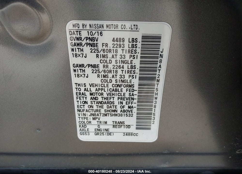 2017 NISSAN ROGUE SL VIN: JN8AT2MT5HW381532