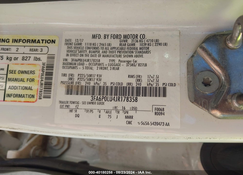 2018 FORD FUSION HYBRID SE VIN: 3FA6P0LU4JR178358