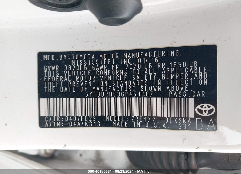 2016 TOYOTA COROLLA S PLUS VIN: 5YFBURHE3GP451067