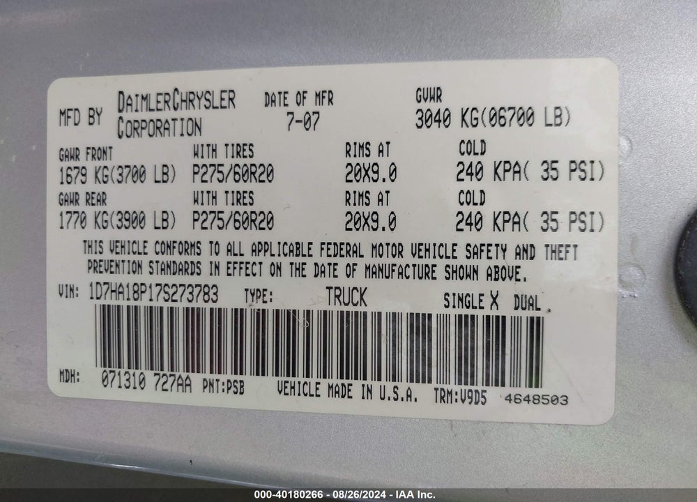 2007 DODGE RAM 1500 SLT VIN: 1D7HA18P17S273783