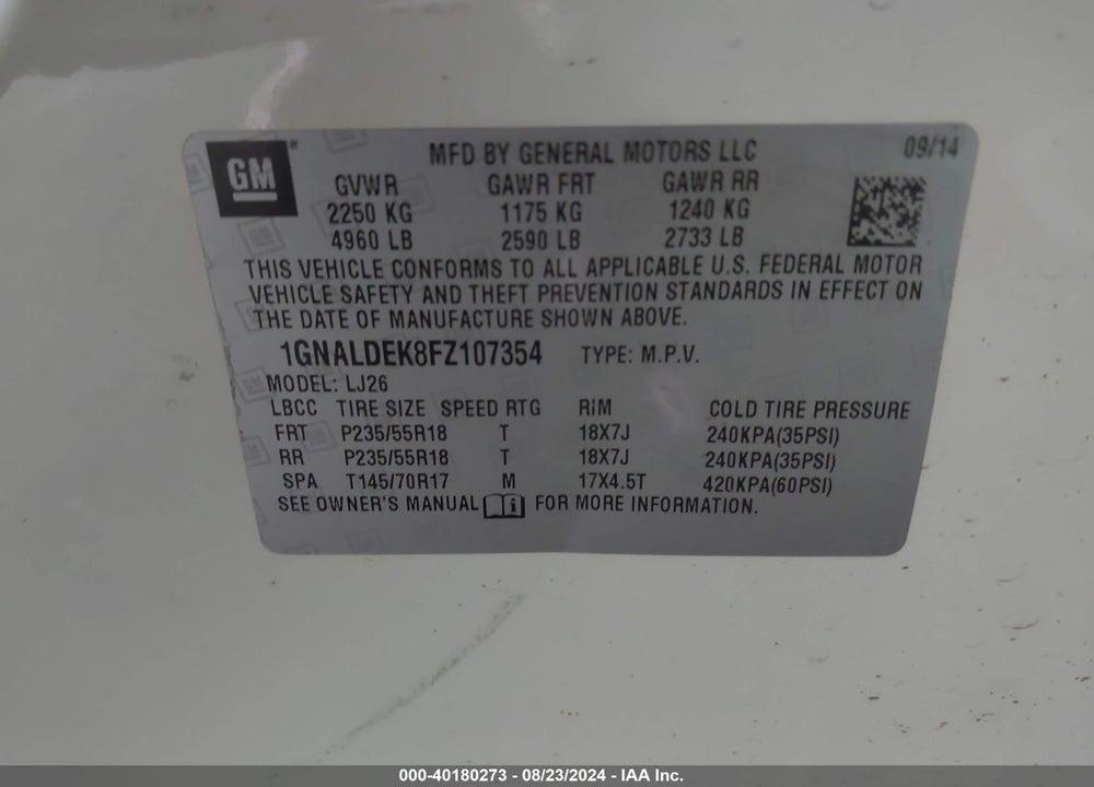 2015 CHEVROLET EQUINOX LTZ VIN: 1GNALDEK8FZ107354