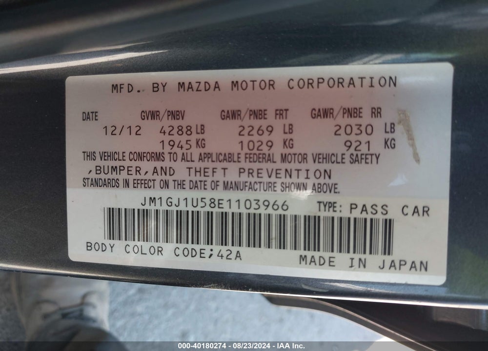 2014 MAZDA 6 I SPORT VIN: JM1GJ1U58E1103966