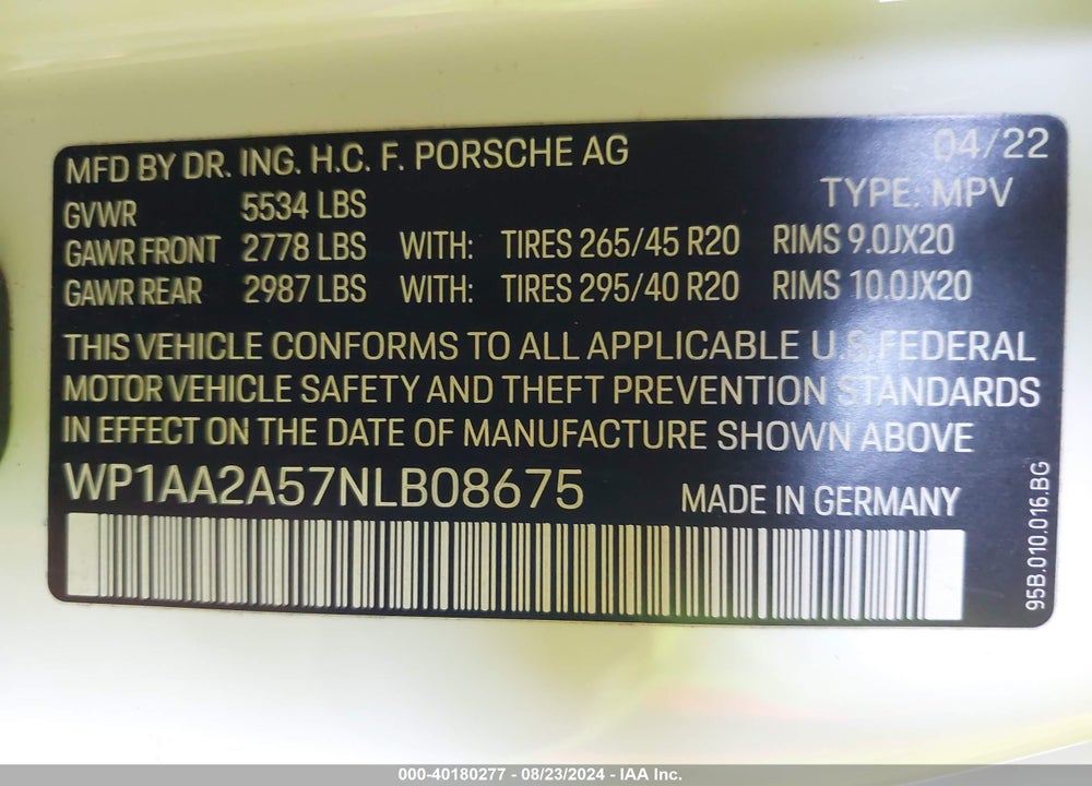 2022 PORSCHE MACAN VIN: WP1AA2A57NLB08675
