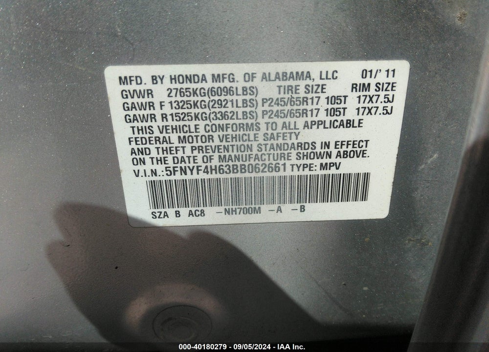 2011 HONDA PILOT EX-L VIN: 5FNYF4H63BB062661