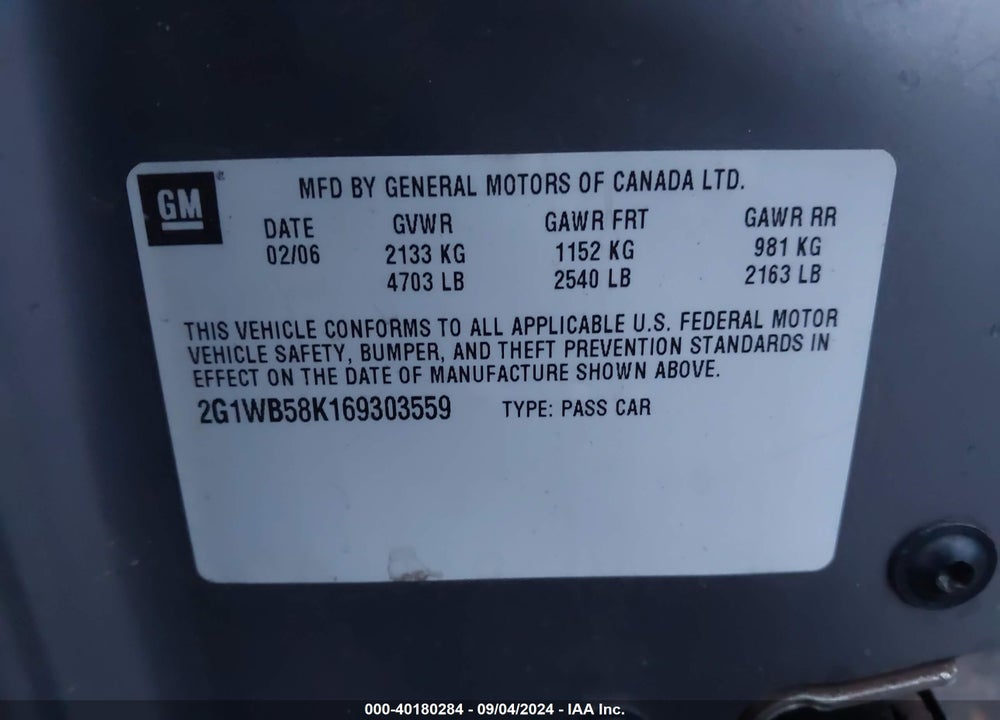 2006 CHEVROLET IMPALA LS VIN: 2G1WB58K169303559