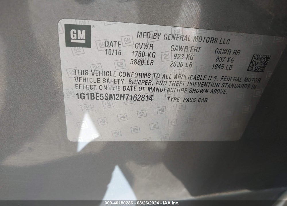 2017 CHEVROLET CRUZE LT AUTO VIN: 1G1BE5SM2H7162814