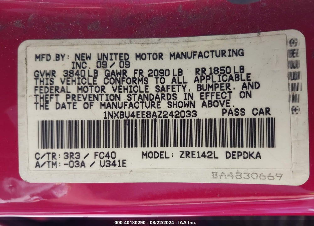 2010 TOYOTA COROLLA LE VIN: 1NXBU4EE8AZ242033