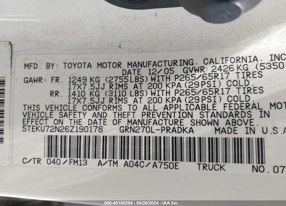 2006 TOYOTA TACOMA PRERUNNER V6 VIN: 5TEKU72N26Z190178