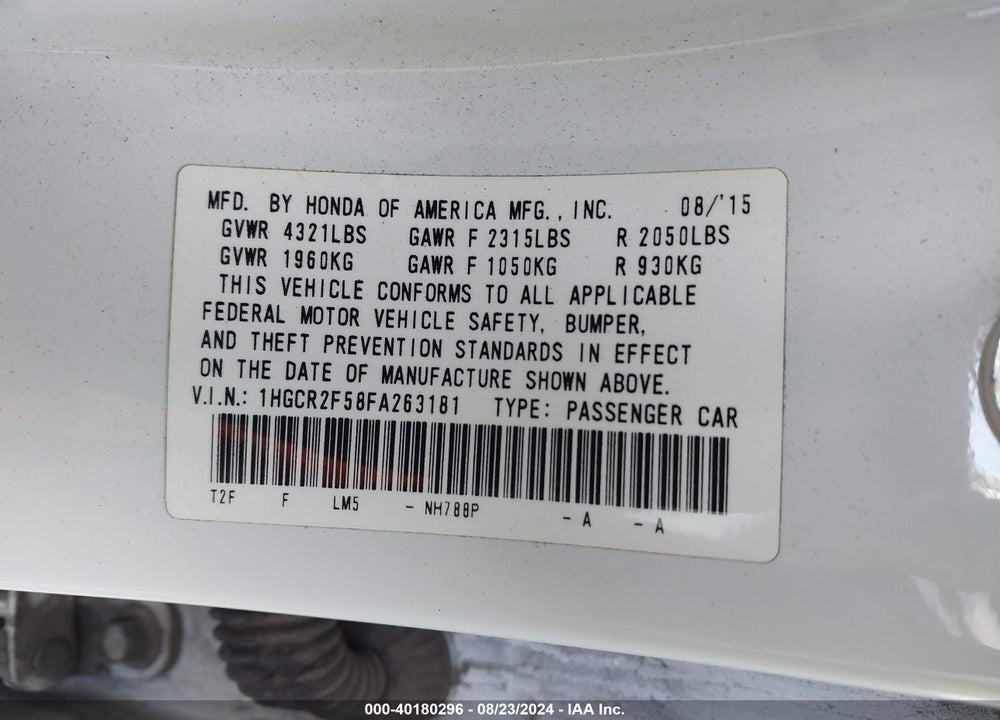 2015 HONDA ACCORD SPORT VIN: 1HGCR2F58FA263181