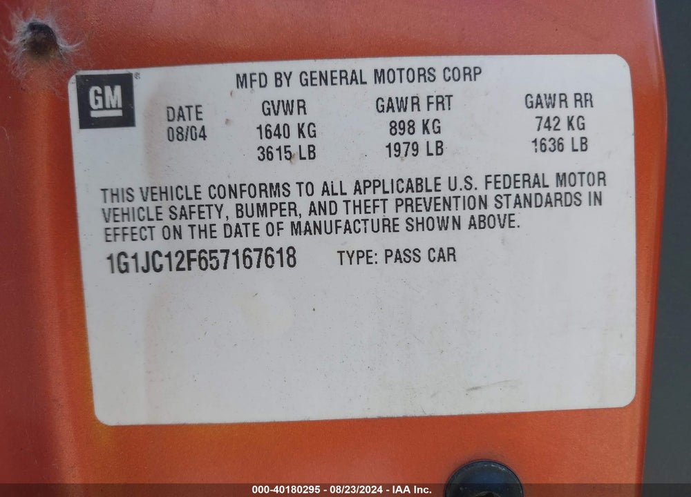 2005 CHEVROLET CAVALIER VIN: 1G1JC12F657167618