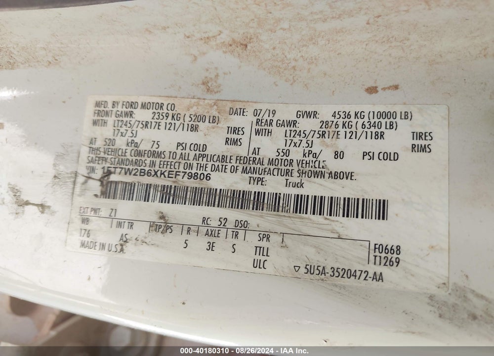 2019 FORD F-250 VIN: 1FT7W2B6XKEF79806