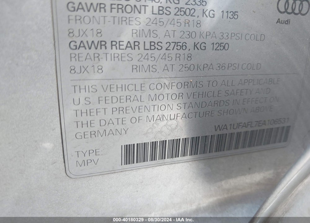 2014 AUDI ALLROAD 2.0T PREMIUM VIN: WA1UFAFL7EA106531