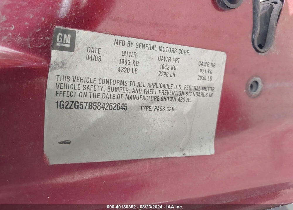 2008 PONTIAC G6 VIN: 1G2ZG57B584262645