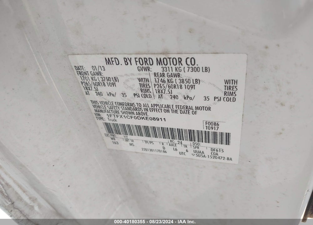 2013 FORD F-150 VIN: 1FTFX1CF0DKE08911